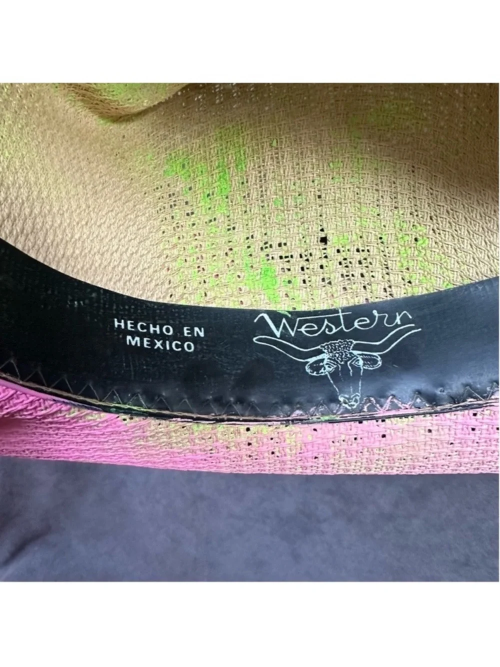 Vintage Cowboy hat w/ spider & cross bright green & pink - Picture 11 of 12